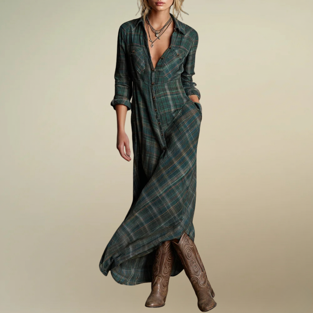 LALUNA™ | Long Dress with Green Check Lapel
